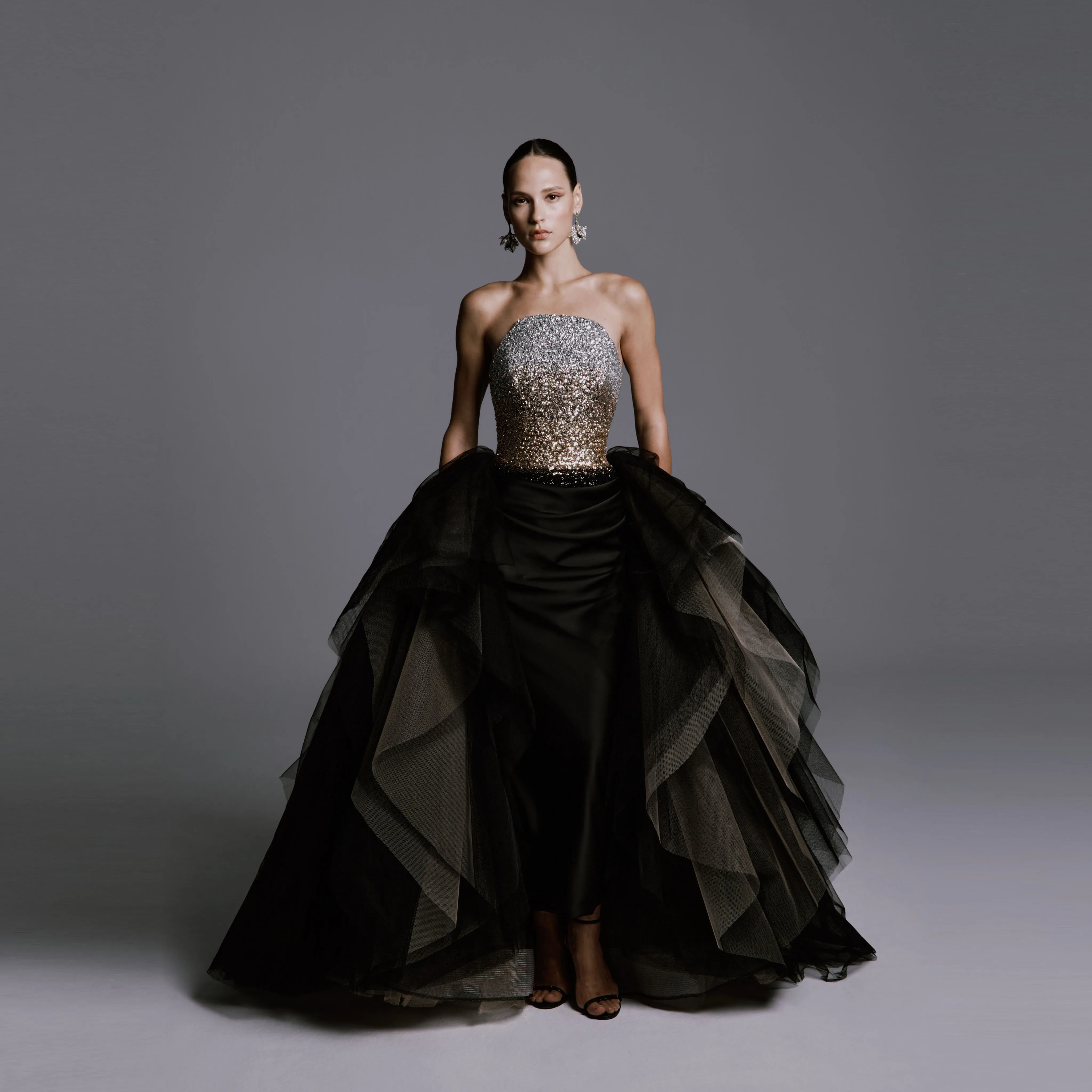 Luxury Black Tulle Skirt Women Sculptural Layered Ballgown Floor-Length Overskirt Voluminous A-Line High Waist Wedding Evening