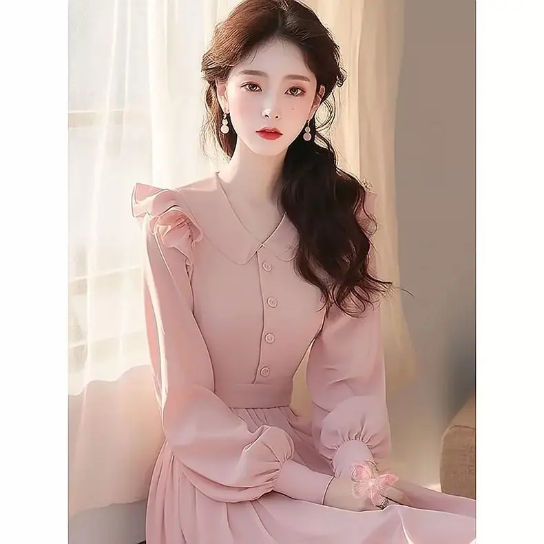 Korejepo French Temperament Dresses High Sense Simple Generous Super Good Looking Pink Dress Women Early Autumn 2024 New Vestido