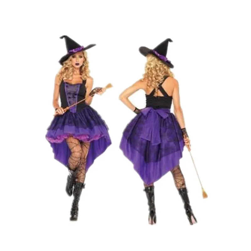 Plus Size XXL-S Halloween Witch Costume For Women Adult Sexy Purple Swallow Tail Braces Dress Hat Carnival Party Female Suit