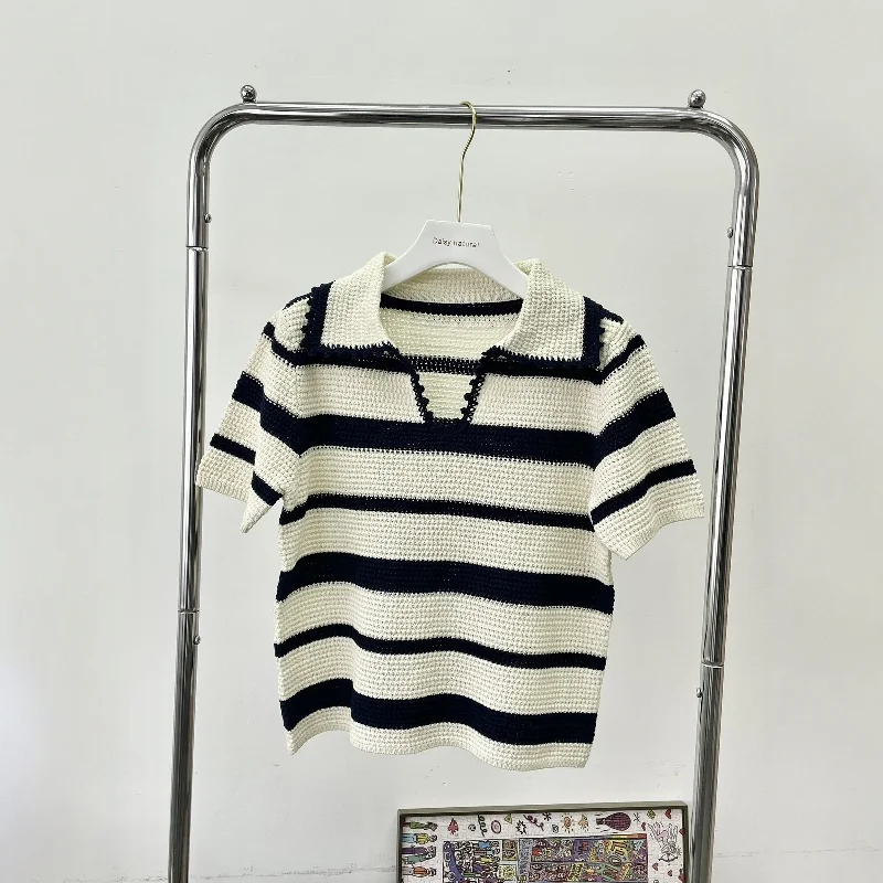 

Miu Sle Handmade Crochet Hollow out ort Sve T-irt French Sle Loose Fit Striped Collared Top Thin Cotton Knittedwear