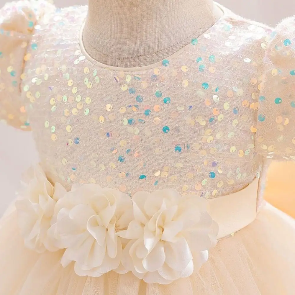 Puff Sleeve Girls Princess Evening Dress Flower Shiny Glitter Children Tulle Dress Sweet Bowknot Party Dress Skirt Dancing Party