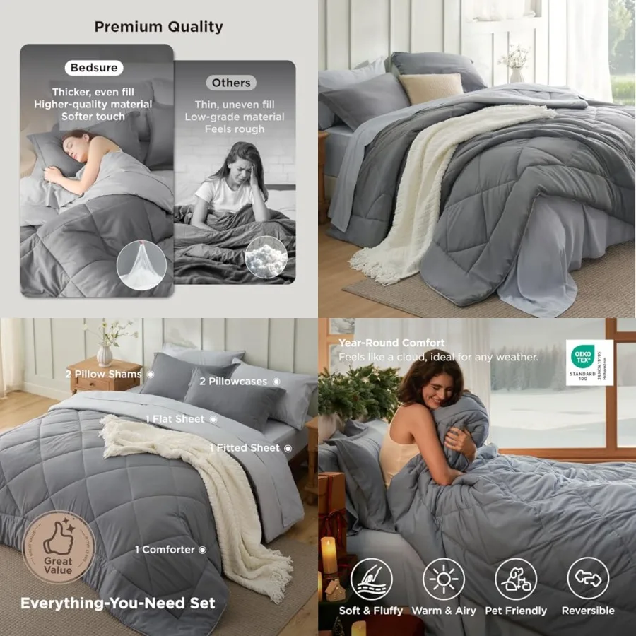 

Comforter Set with Sheets - 7 Pieces Reversible Grey Bed in a Bag, Eazy Care Bedding Sets for All Seasons with 1 Flat 1 Fitted