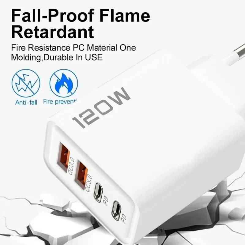Fast Charging USB Type C Charger 120W 4 Port PD Quick Charge 3.0 For iPhone Samsung Xiaomi Huawei EU US UK Plug Phone Adapter