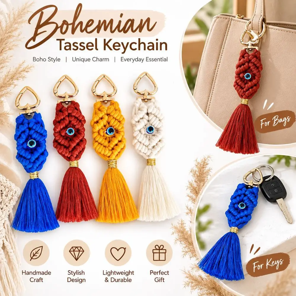Lucky Eye Handwoven Macrame Keychain Cotton Vintage Bohemian Tassel Keychain Boho Keychain Women