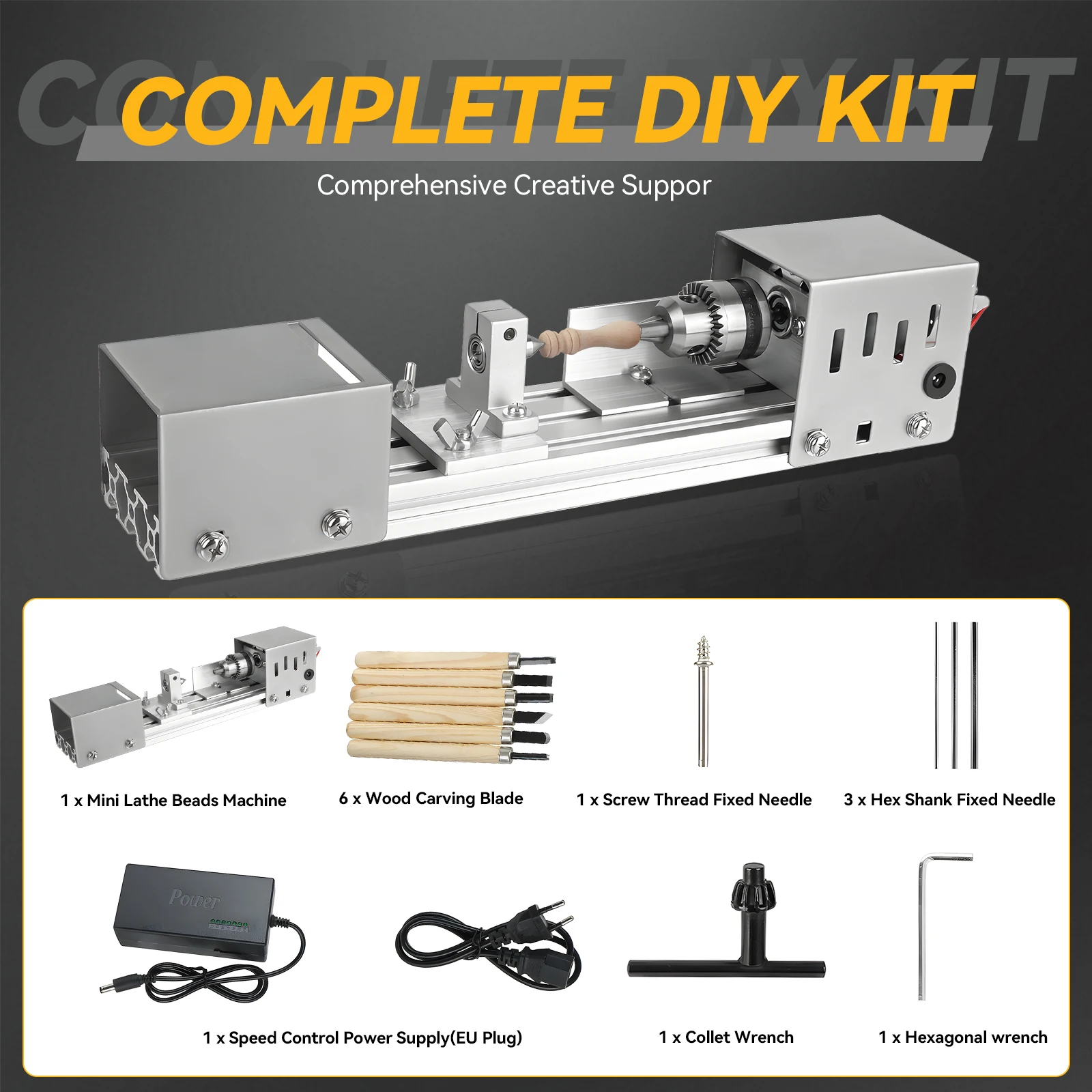 Torno de madera mini Podofo de 24V para pulir, perforar y hacer cuentas con ajuste de siete velocidades de 2000 a 8000 RPM, kit de herramientas multifunción para bricolaje en madera.