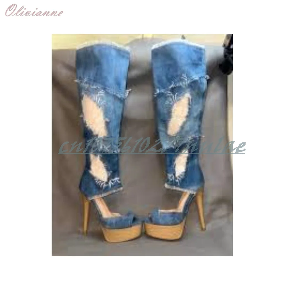 

Blue Demin Hollow Lace Design Mid Calf Boots Open Toe Thin High Heel Fashion Sexy Women Shoes 2025 Summer Zapatos Para Mujere