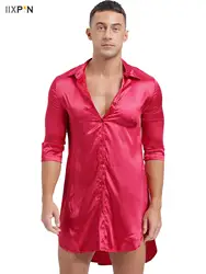 Mens Silky Satin Shirt Long Loungewear Turn-down Collar Half Sleeve Button-up Pajamas Tops Curved Hem Sleepwear Sissy Homewear