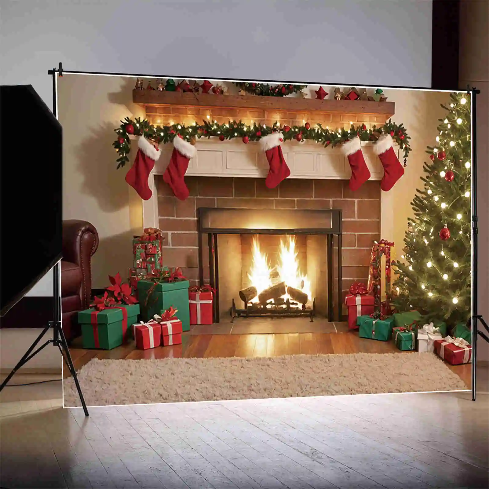 MOON.QG Christmas Brick Fireplace Christmas Trees Backdrop Ornamented Tree Gift Stove Frame Backgrounds Party Photozone Props