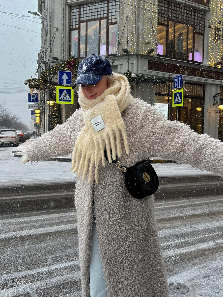 Gray Wool Faux Fur Shearling Long Coat for Women Winter 2025 Winter Fashion Trendy Teddy Maxi Coat Monki Curly Clean Fit Outwear