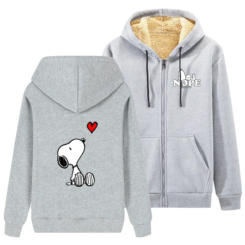 Snoopys Hooded Sweatshirt for Adult Lambswool Thicken Warm Anime Sportswear Zipper Coats Winter Women Men Clothes Birthday Gift