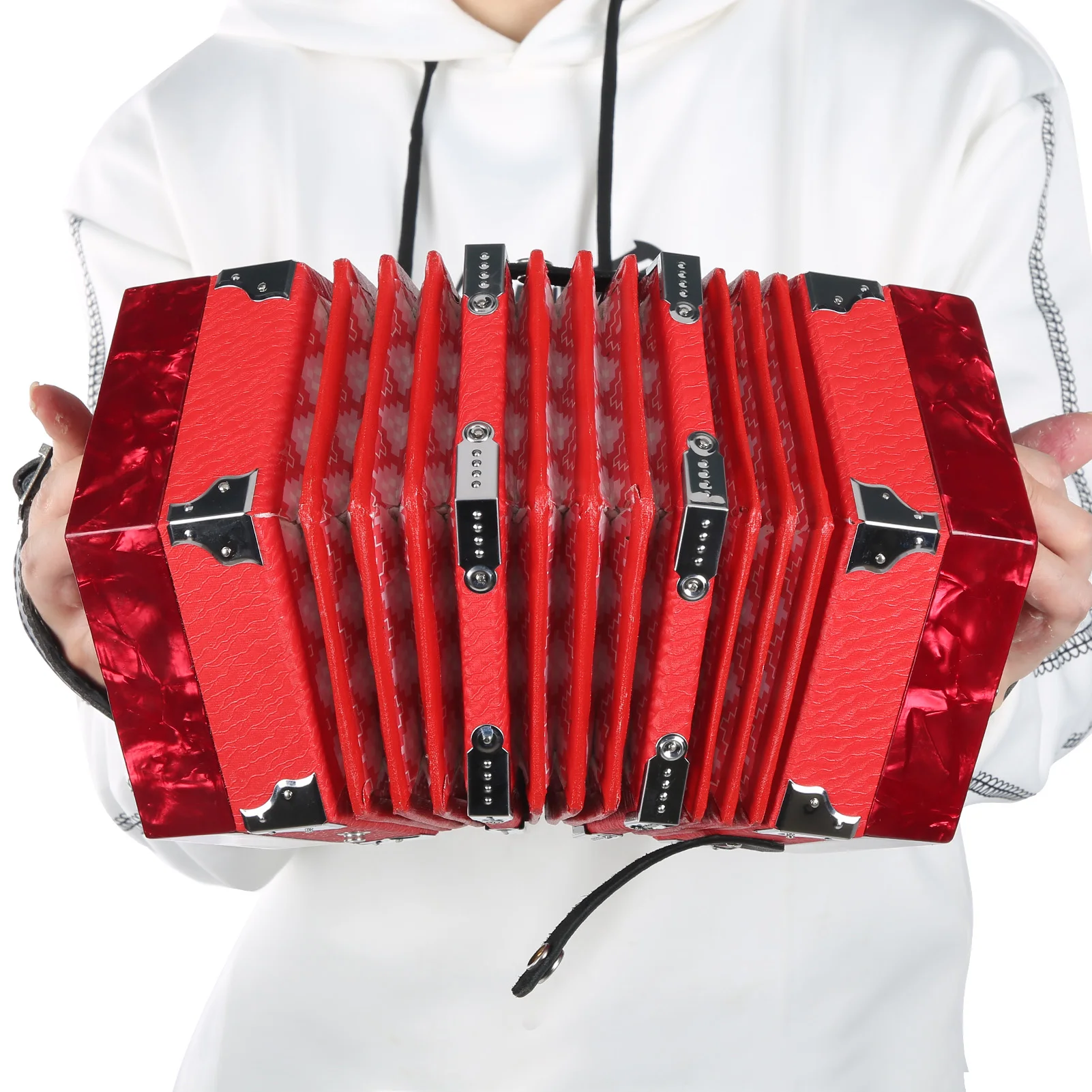 Concertina Accordion Portable Professional Musical Instrument Supplies Red 18 x 17 x 17cm Solid Wood Leather Celluloid Coating