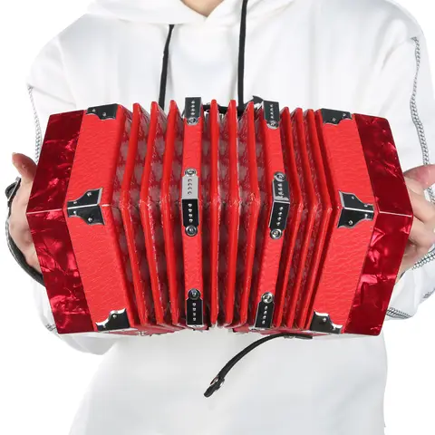 Concertina Accordion Portable Professional Musical Instrument Supplies Red 18 x 17 x 17cm Solid Wood Leather Celluloid Coating