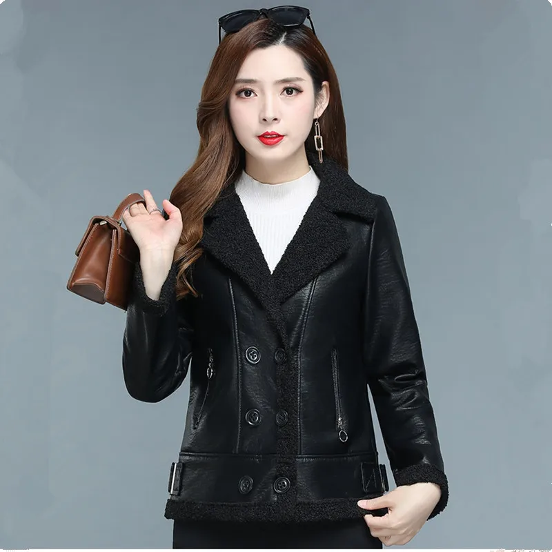 UHYTGF 5XL Jacket Women Double Breasted Plush Warm Short Leather Outewear Female Quality PU Leather Autumn Winter Coat Ladie 202