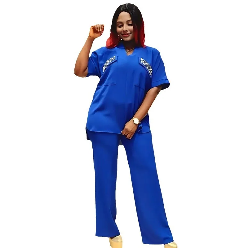 African Clothes for Women 2 Piece Summer Africa Half Sleeve V-neck Polyester Top Long Pant Matching Sets Outfits Africa Clothing