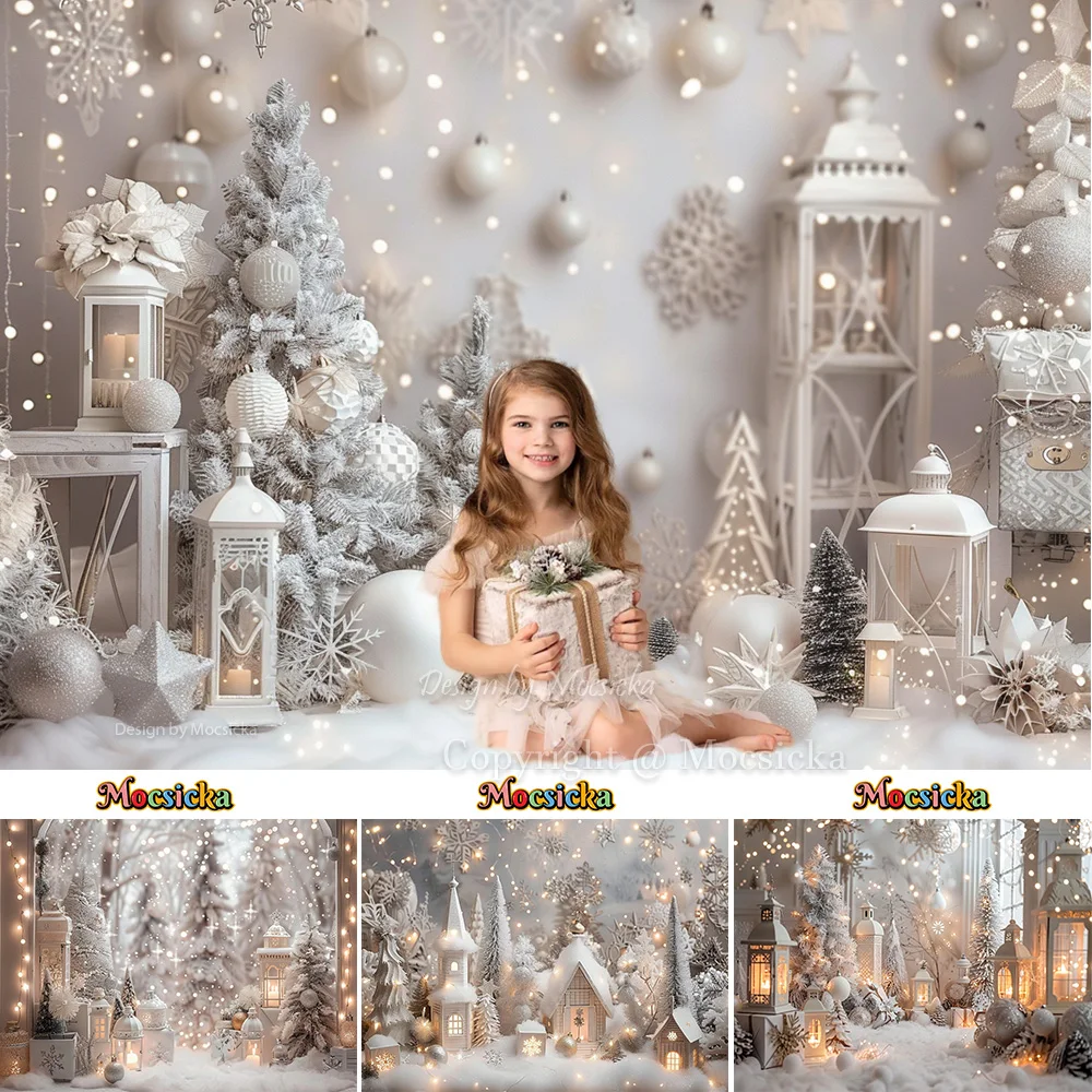 White Christmas Photography Background Silver Xmas Tree Decor Ball Lantern Shiny Backdrop Kid Winter Dreamy Birthday Party Photo