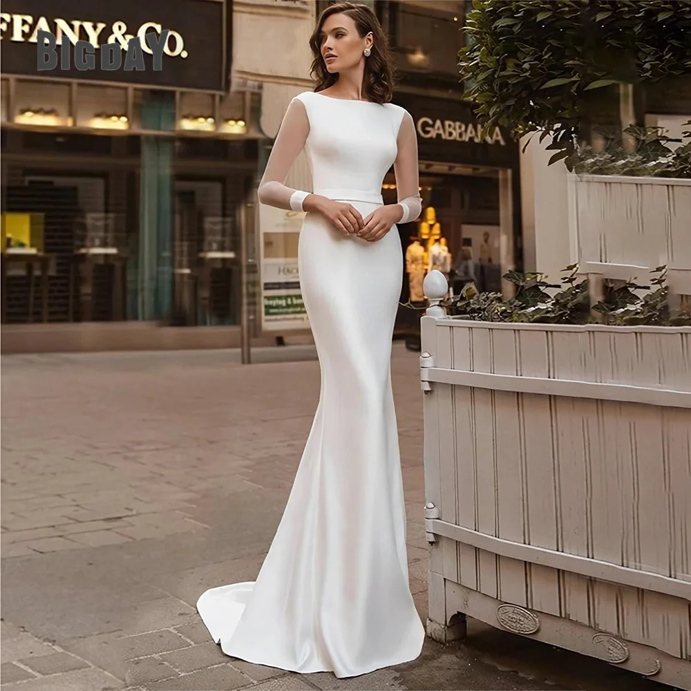 Elegant Long Sleeve Wedding Dress 2024 White Mermaid Open Back Soft Satin Backless O-Neck Bridal Gown  Lace Up Vestido De Novia