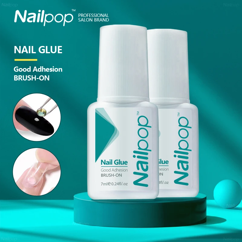 Nailpop Nail Glue for False Tips Glitter Acrylic Nail Art Adhesive Manicure Tool Rhinestone Glue Bottle Cap with Brush 2pcs