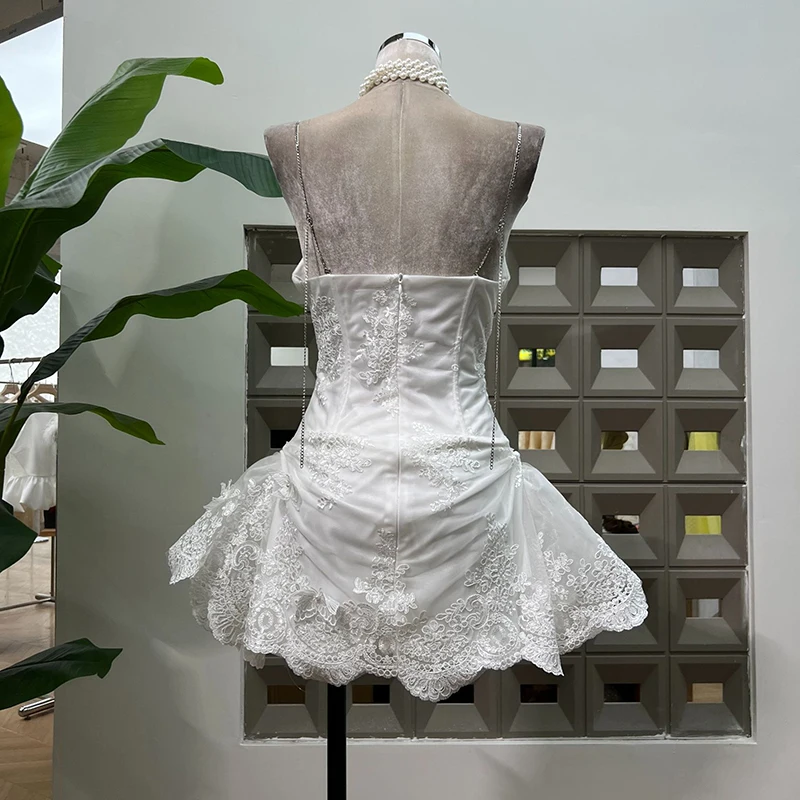 KBQ – Mini robe en dentelle pour femmes, couleur unie, Sexy, Perspective, Camisole, sans manches, dos nu, taille haute, élégante, mode féminine, nouveau