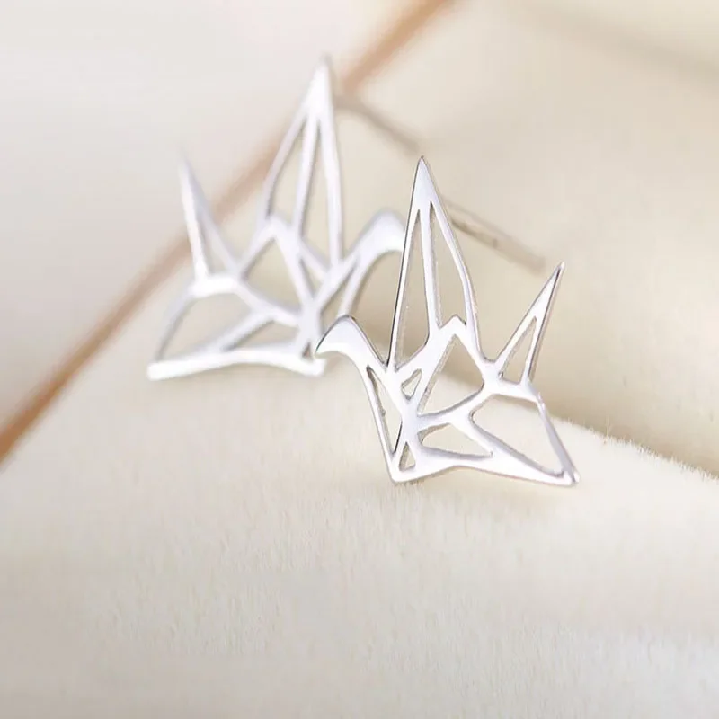 Real 925 Sterling Silver Hollow Paper Crane Brid Stud Earrings for Women Cute Fine Jewelry Minimalist Animal Accessories