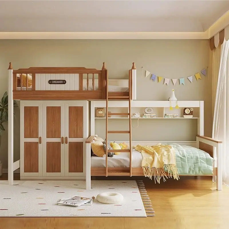Doppelschichtiger S-Typ-Schreibtischkleiderschrank für kleine Wohnungen mit geteiltem Hoch- und Niedrigbett für Kinder und Mutter