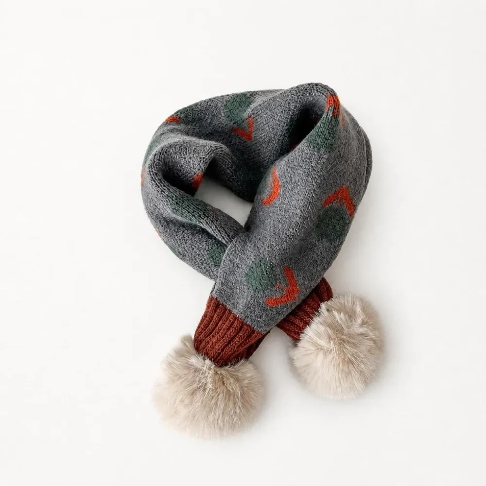 Jacquard Pattern Children Knitted Scarf Pompon Windproof Girls Scarf Warm Neck Cover Flower Print Cross Scarf