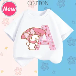 My Melody Anime Letter A-Z Children's Short-sleeved Top Sanrio Summer Cotton T-shirt Girly Heart Soft Kawaii Birthday Gift