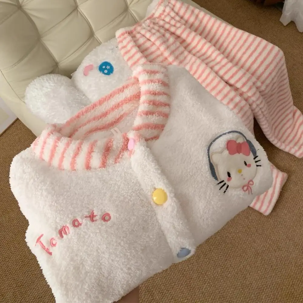 حار النسخة الكورية الفتيات مرحبا كيتي منامة مجموعة الشتاء الكرتون KT أفخم أعلى سروال مخطط سترة دافئة المرجان الصوف Homewear #4