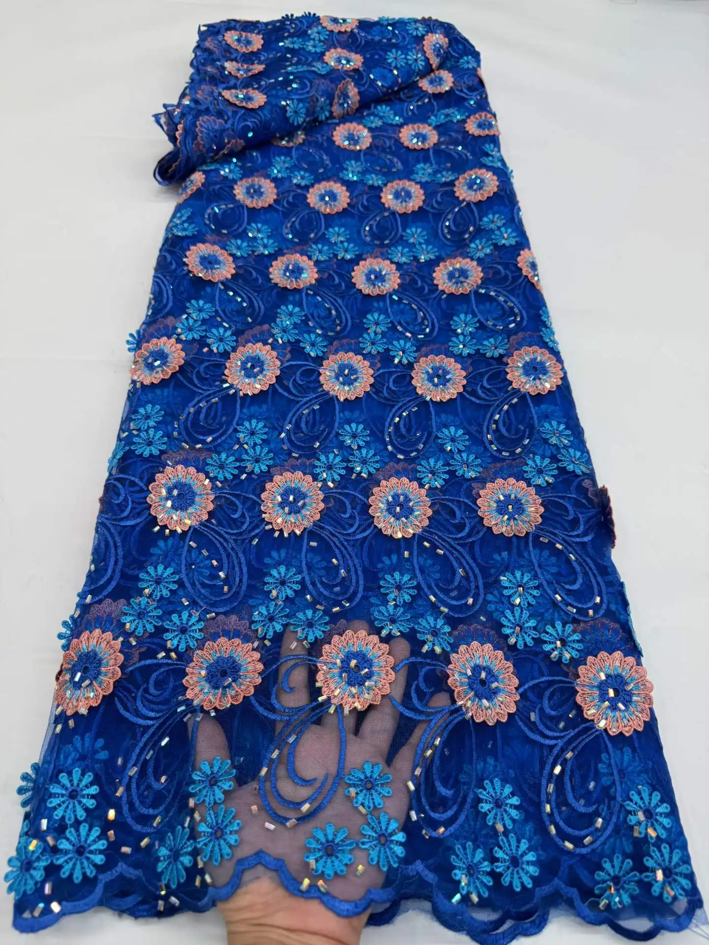 

Bule Beaded Lace Fabric Luxury Nigerian Lace Fabric 2026 High Quality Lace Burnt Orange Beaded Lace Fabric For Wedding