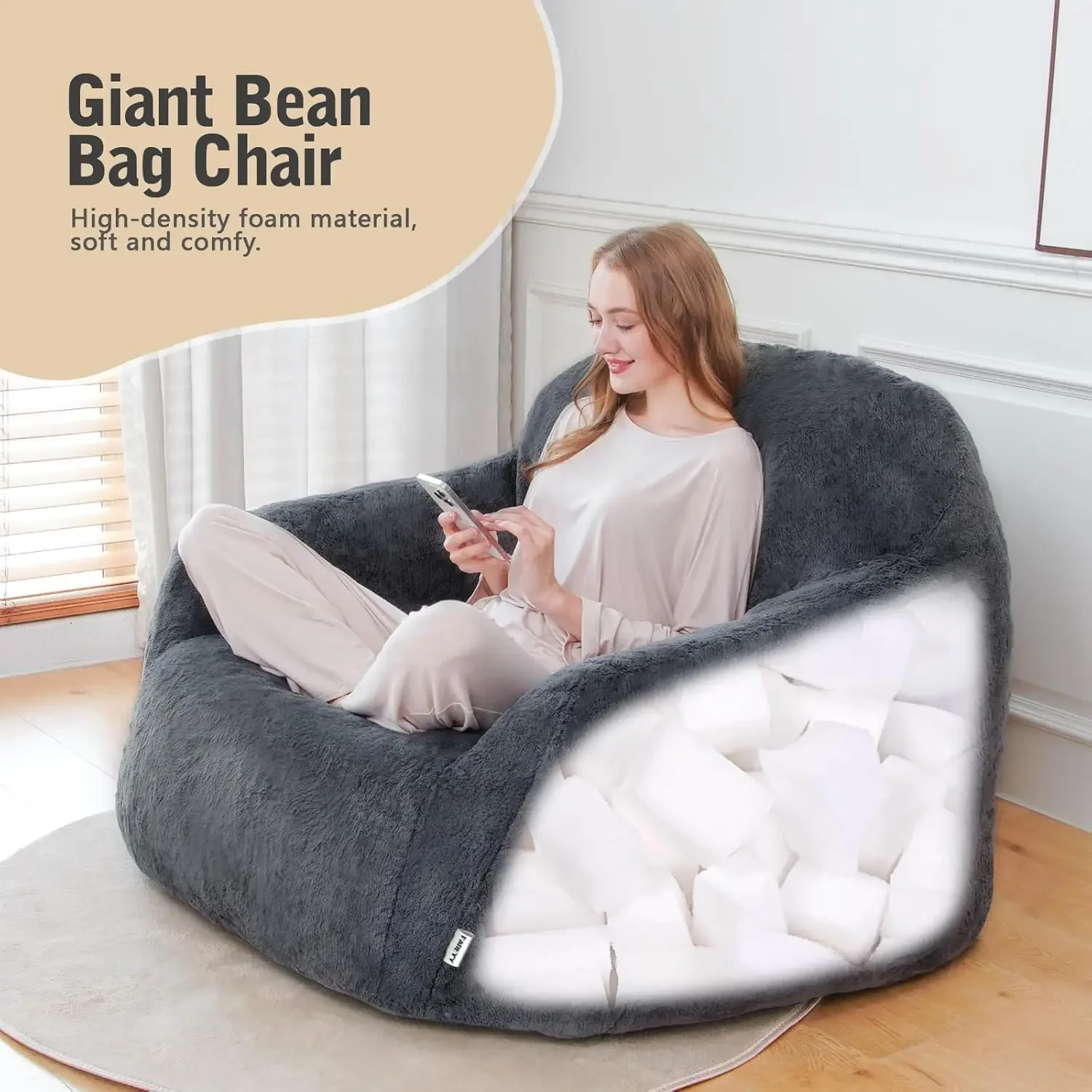 Bean Bag Chair for Adults, Giant Bean Bag Chairs Washable, Comfy Bean Bag Sofa Stuffed High-Density Memory Foam Filler