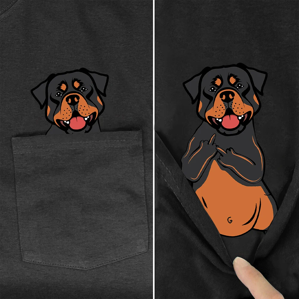 CLOOCL Funny Dogs Middle Finger Pocket T-Shirts Animals Stickers Printed Cotton Tees Gift for Lovers of Rottweilers