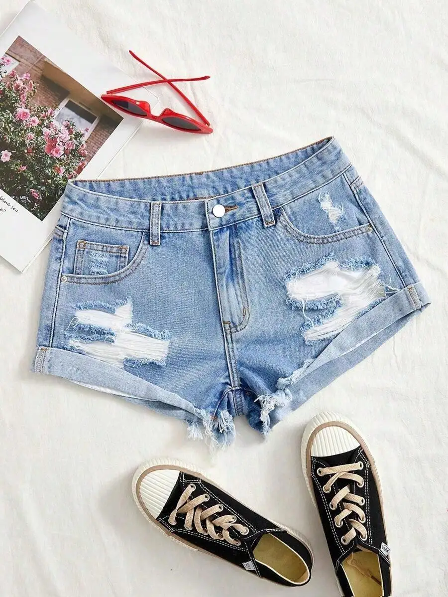 

Women Casual Denim Shorts With Pockets Distressed Ripped Rolled Hem High Waist