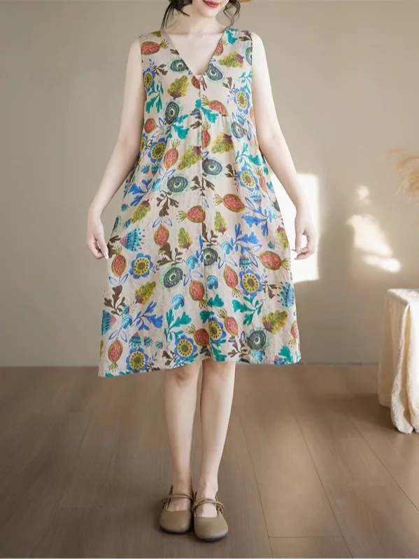 New Casual Sleeveless Vest V-Neck Layering Dress Women Thin Cotton Linen Loose Slimming Midi Skirt City Walk Single Piece Summer