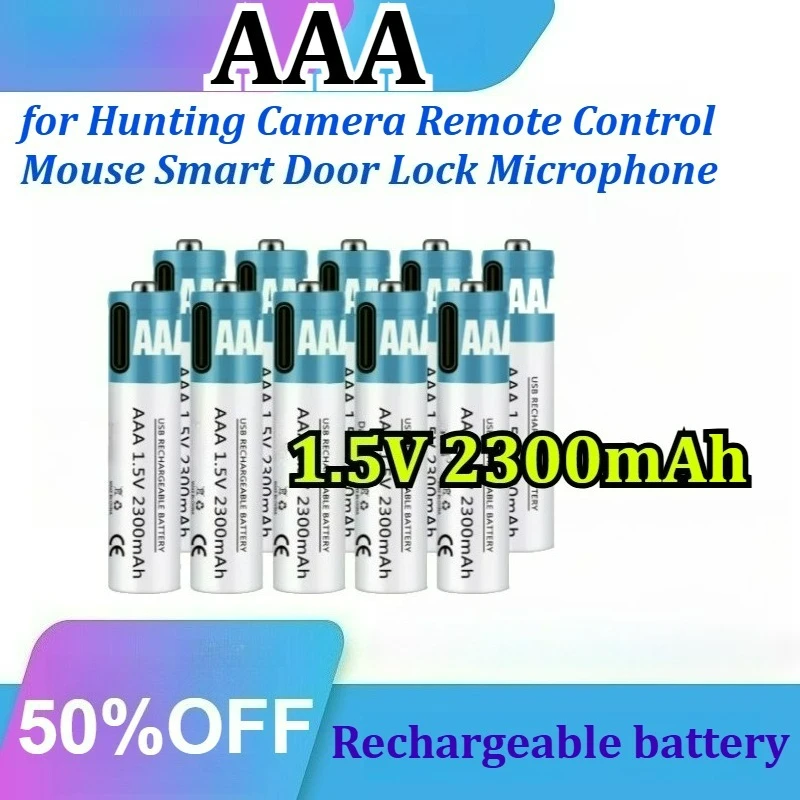 AAA 1.5V 2300mAh USB Type-C Rechargeable Lithium Battery for Hunting Camera Remote Control Mouse with free Charging Cable