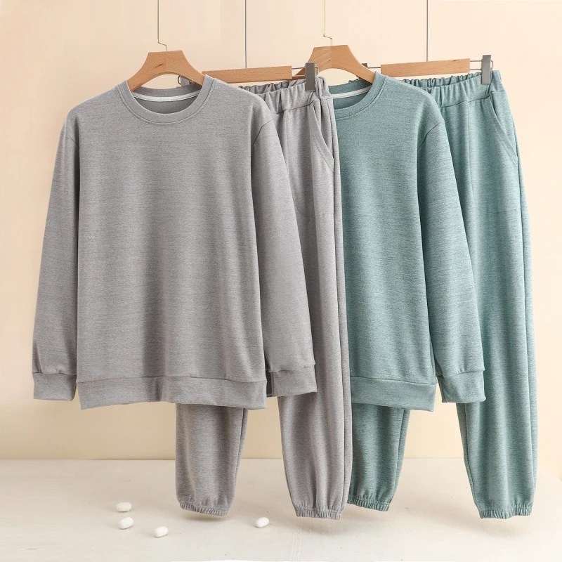 Men's Long Sleeve Long Pants Home Clothes Sleepwear Thickened Loose Two-Piece Set Can Be Worn outside Warm Cotton Set