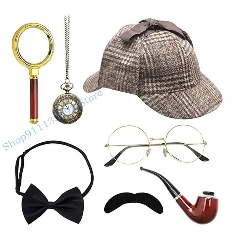 

H9ED Detective Costume with Detective Holmes Hat Glasses Accessories Set Detective Outfits for Halloween Cosplay