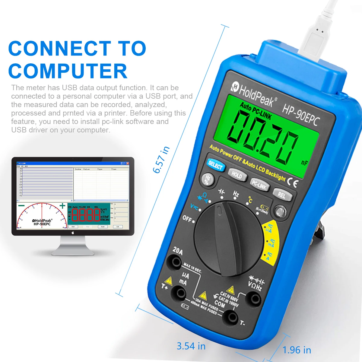 HoldPeak HP-90EPC Multimetro Digital USB Multimeter AC/DC Voltage Current C/F Temperature Tester DMM USB Interface Support PC