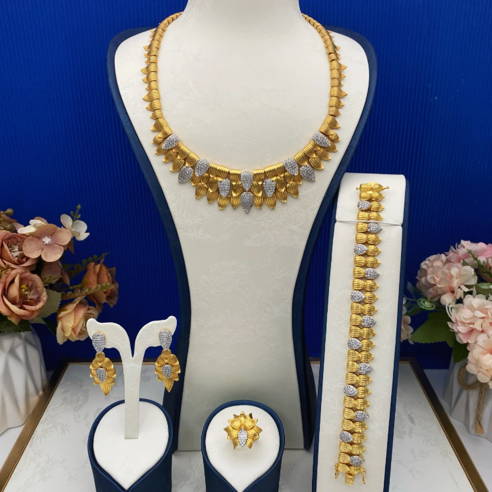 

Falair Высококачественный позолоченный латунный комплект ювелирных изделий с цирконием для женщин, элегантные банкетные серьги, ожерелье, браслет, кольцо, ансамбль