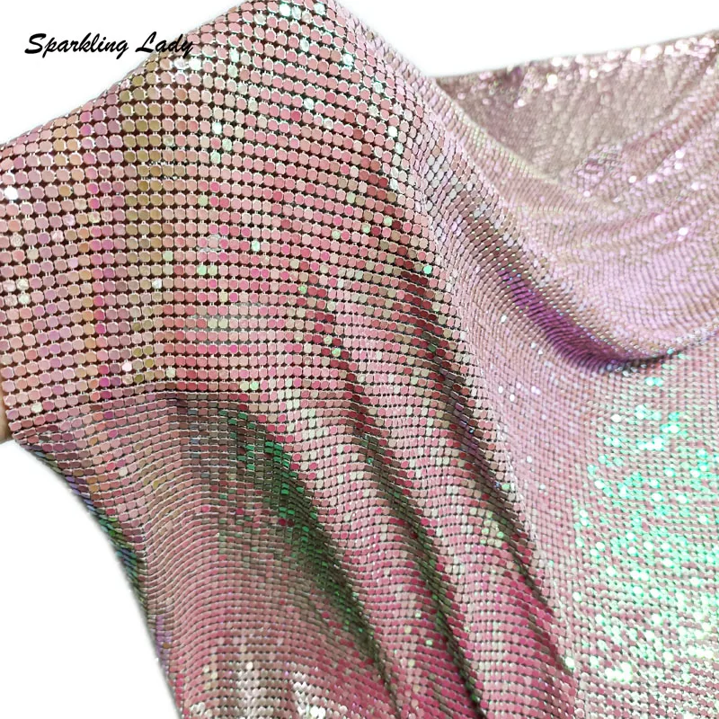 3MM Iridescent Pink Metal Mesh Fabric for Bling Fashion Glitter Sequin Cloth Chain Mail Dresses Tops Design Party Festival Decor