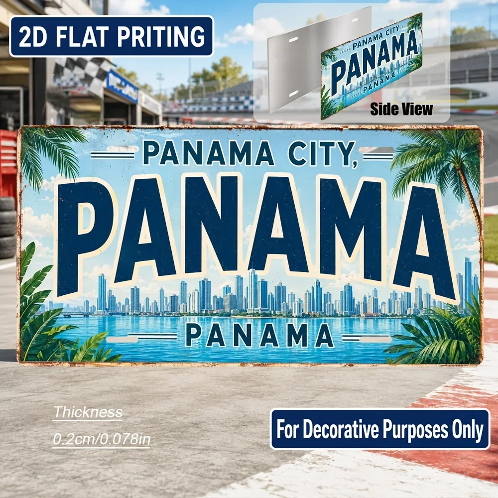 2D Flat Panama Theme Aluminum Hanging Plaque, Retro Industrial Wall Art Decor
