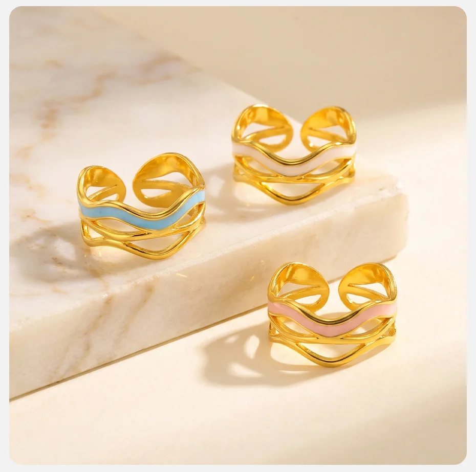 Vnox 18K PVD vergoldete gewellte Öltropfen-Offenringe für Damen, geometrischer, unregelmäßiger Emaille-Ring aus Edelstahl, eleganter Schmuck – Detail 5