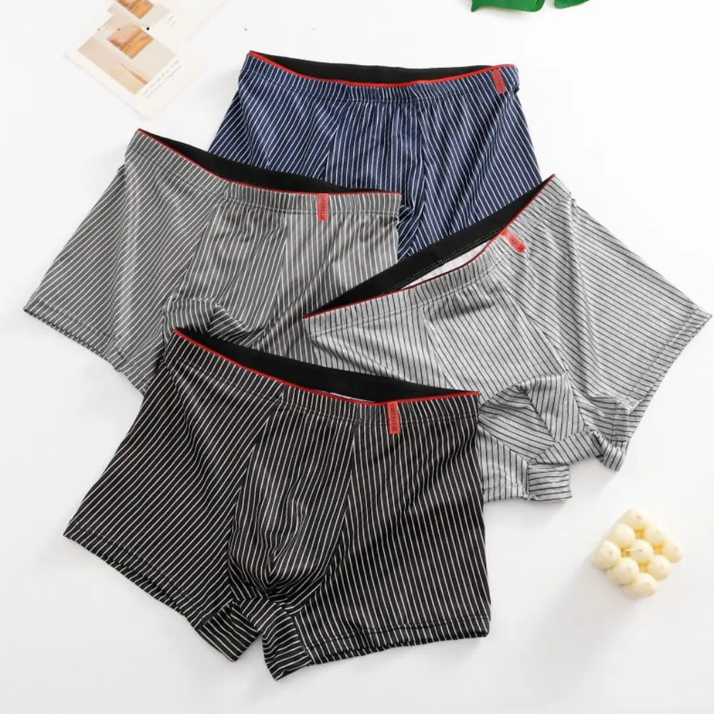 

4PCS Comfortable Stripe Men's Flat Panties Large Size Loose Men Boxer Underpants Low Waist Underwear for Man Man