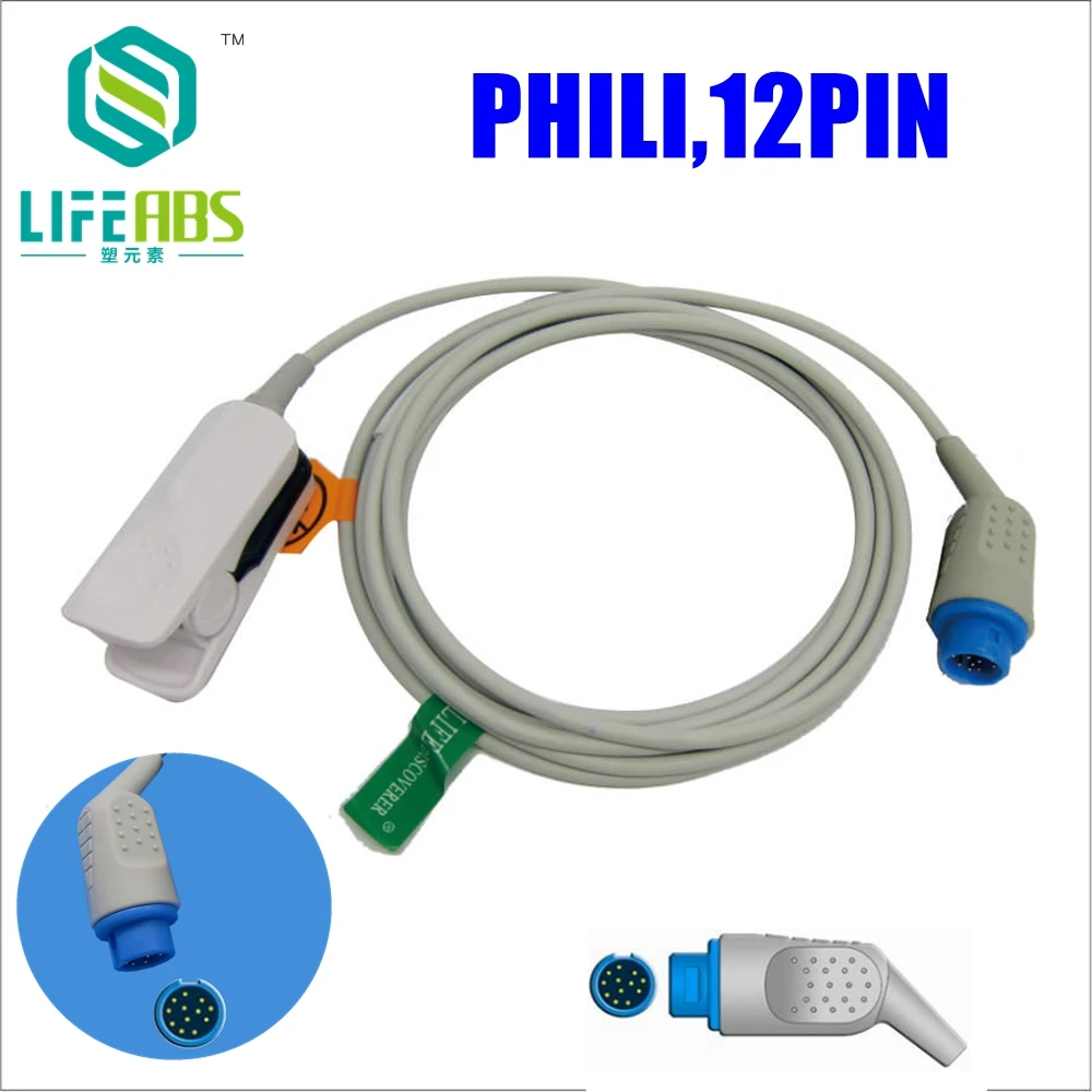 

Adult for Phili,12pin Patient Monitor Finger Clip Ear Clip Silicone Long Cable Separated Reusable Spo2 Sensor Oxygen Sensor