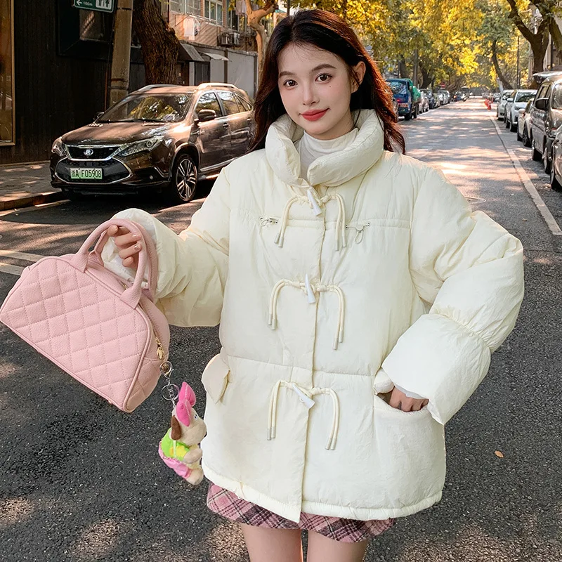 New Women Short Down Cotton Jacket Korean Loose Cow Horn Button Cotton Jacket Bread Jacket Autumn Winter Thick Student Jacket