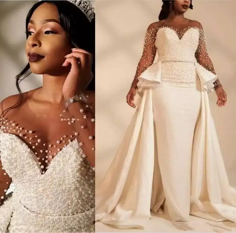 Customized African Nigeria Plus Size Wedding Dress Custom Overskirt Pearls Illusion Wedding Bridal Gowns Vestido De Novio