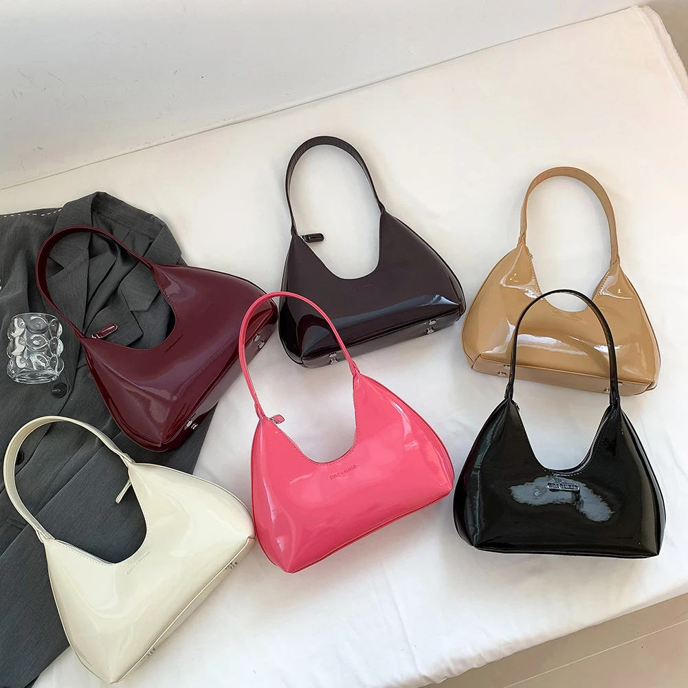 Women Patent Leather Tote Bag Versatile Fashion Shoulder Bag Casual Satchel Hobo Bag Zipper Armpit Bag Girl Dating Purse