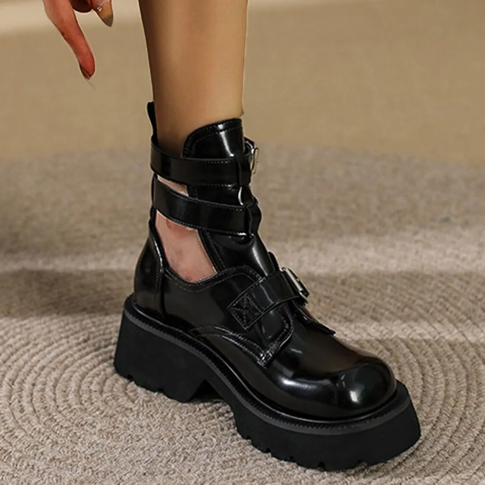 Boots Woman 2024 Trend New Hollow Out Buckle Ladies Round Toe Punk Style Sandals  34-43 Large-Sized Female Locomotive  Boots