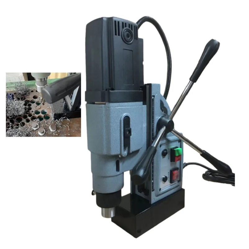 Portable electric drilling tool with magnetic base and variable speed for industrial metalworking