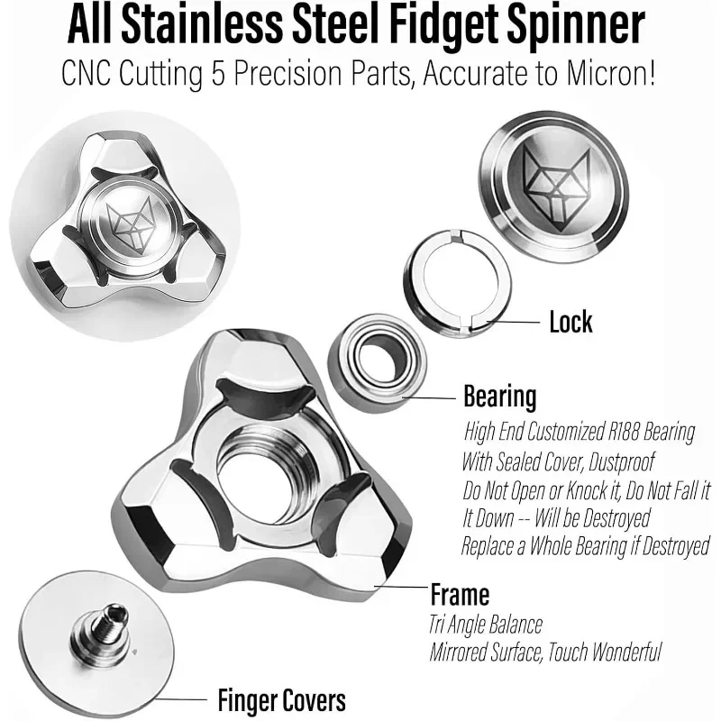 Fidget Spinner for Adults,Stainless Steel Heavy Spinning Toys,Small Mini Fox Hand Gyro Bearing Premium Long High Spin Fidget