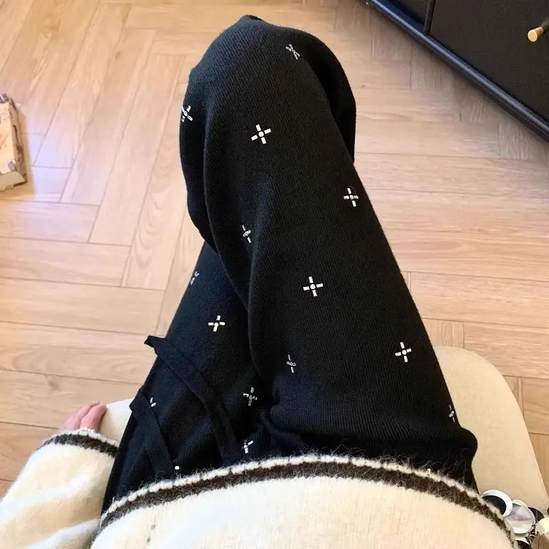 الراقية الصناعة الثقيلة الماس الصليب محبوك السراويل النساء في الخريف والشتاء 2025 عالية الخصر ، سليم مستقيم الساق بنطال ذو قصة أرجل واسعة