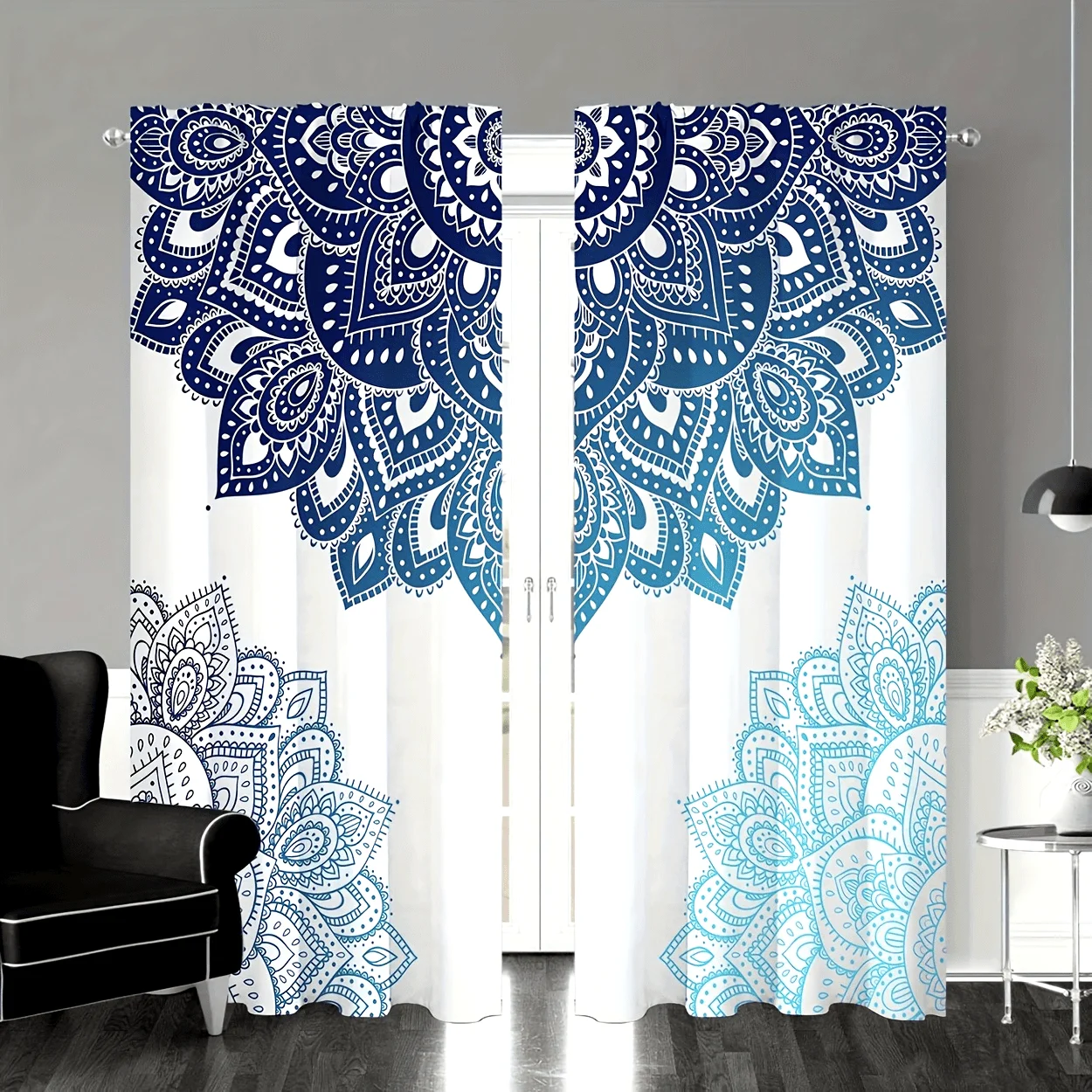 Blue Ombre Mandala Curtains Ethnic Pattern Print Bohemian Style Window Drapes for Living Room Bedroom Yoga Room Decor